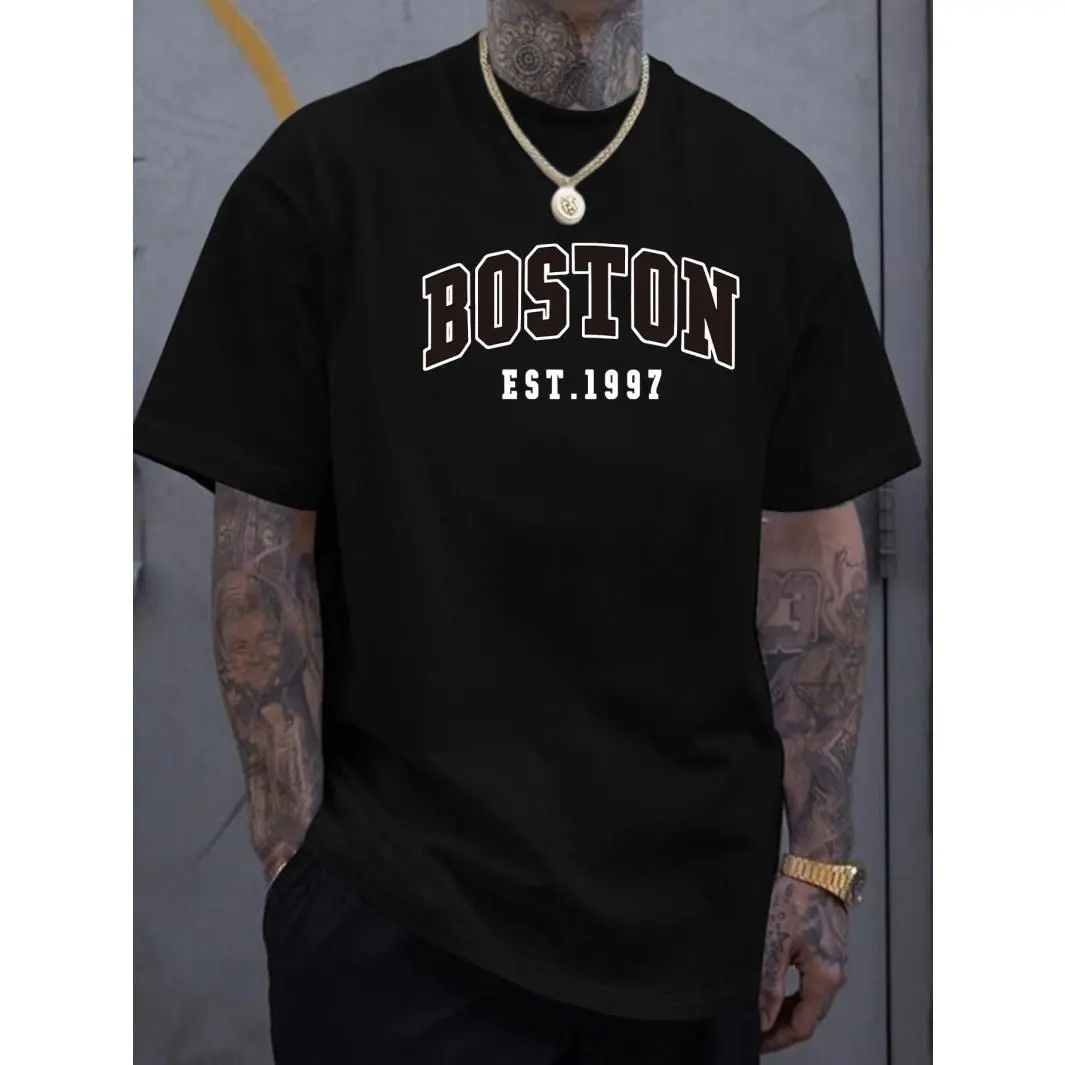 Men’s Fashion Boston Letter Graphic Short Sleeve T-Shirt, Classic Crew Neck Casual Tee, Regular Fit Comfort All Season Daily Streetwear Top