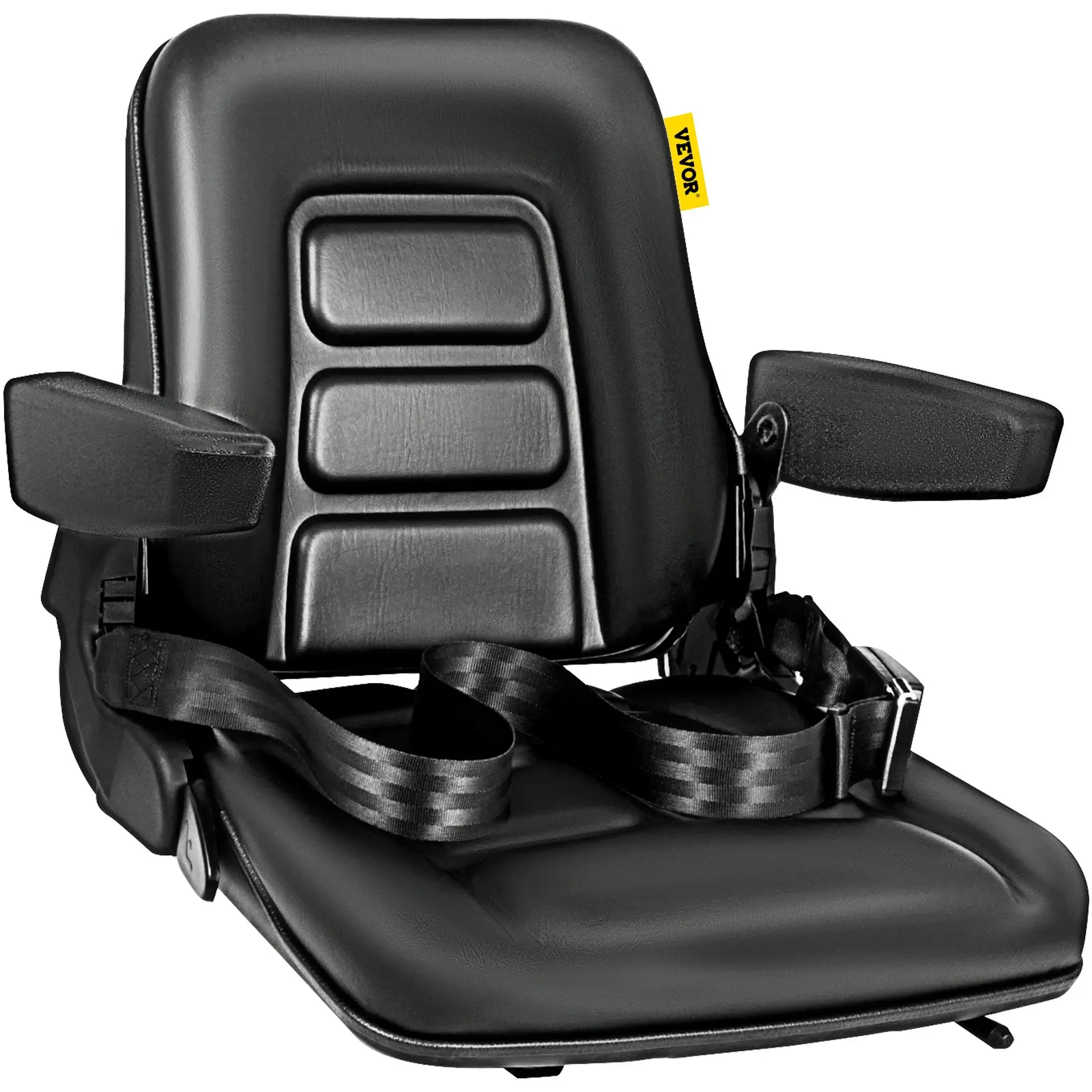 VEVOR Universal Fold-Down Heavy Vehicle Seat, PVC+Foam Cushion, Retractable Belt, Armrest, Max 6" Adjustable Design, Safety Restraint for Forklift, Excavator, Tractor, Heavy Vehicles