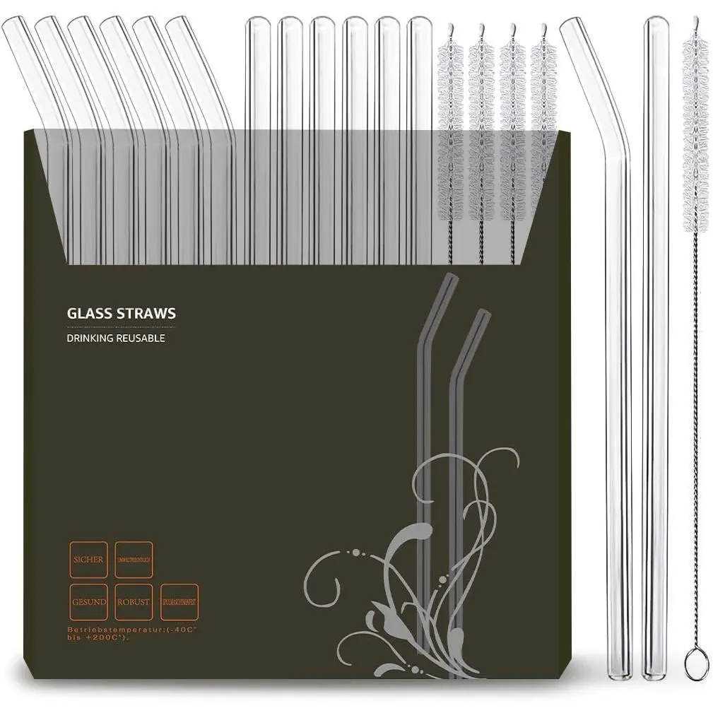 16 Pack  Glass Straws, 6 Straight and 6 Bent with 4 Cleaning Brush