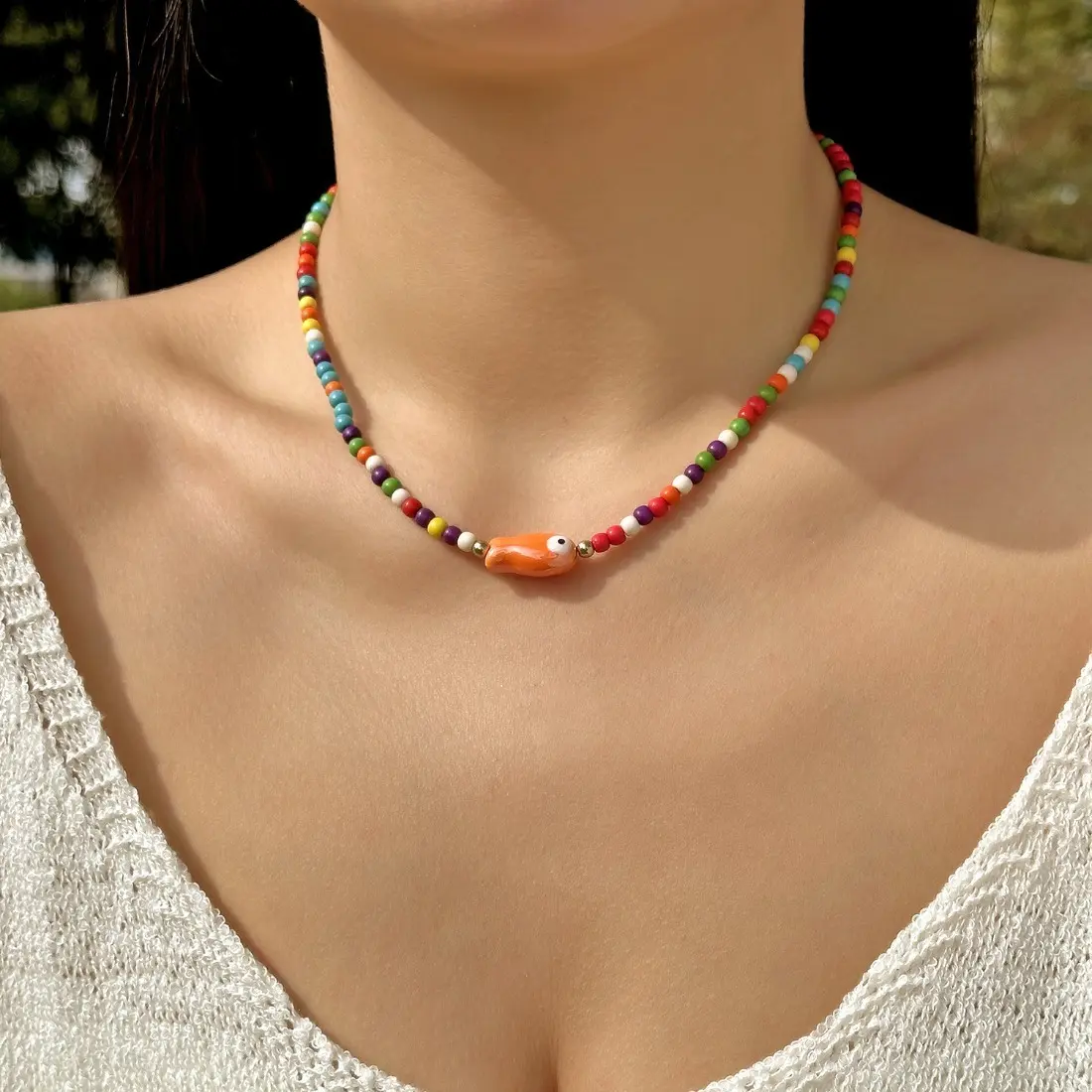Boho Ceramic Fish Beaded Necklace for Women, Colorful Rice Bead Summer Jewelry, Aesthetic Dopamine Charm Necklace, Lightweight Cute Statement Necklace for Beach Vacation Holiday Party Outfit
