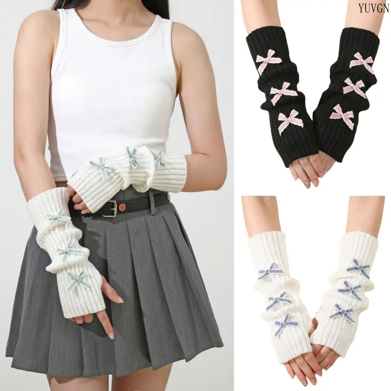 Multi‑bow Decor Slouch Fingerless Wrist Cuffs, Sweet Coquette‑style Hand Warm Sleeves, Y2K Trendy Arm Accessories, Suitable for Daily Matching, Typing, Outdoor Commute and Street‑style Outfits