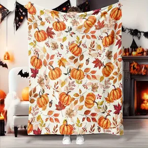 1Pc Autumn Pumpkin & Maple Leaf Print Flannel Blanket - Soft, Lightweight & Warm, Perfect For Bed, Sofa, Office, Camping & Travel - Versatile Gift Idea, Bedspread, Throw Blanket, Couple'S Blanket, Decorative Blanket
