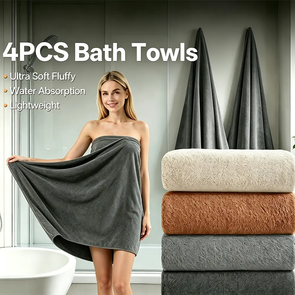 4pcs Bath Towel Set, No Hair Loss, Highly Absorbent And Quick-Drying | Ultra-Soft Microfiber Bath Towels, 28*55 Inches Suitable Bath Towels Perfect For The Beach, Spa, Gym And Home Bathroom Essentials
