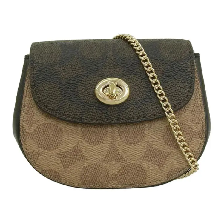 COACH Turnlock 12 Mini Crossbody Bag for Women – Gold-Tone Hardware, Coated Canvas, Golden and Walnut-Brown Two-Tone