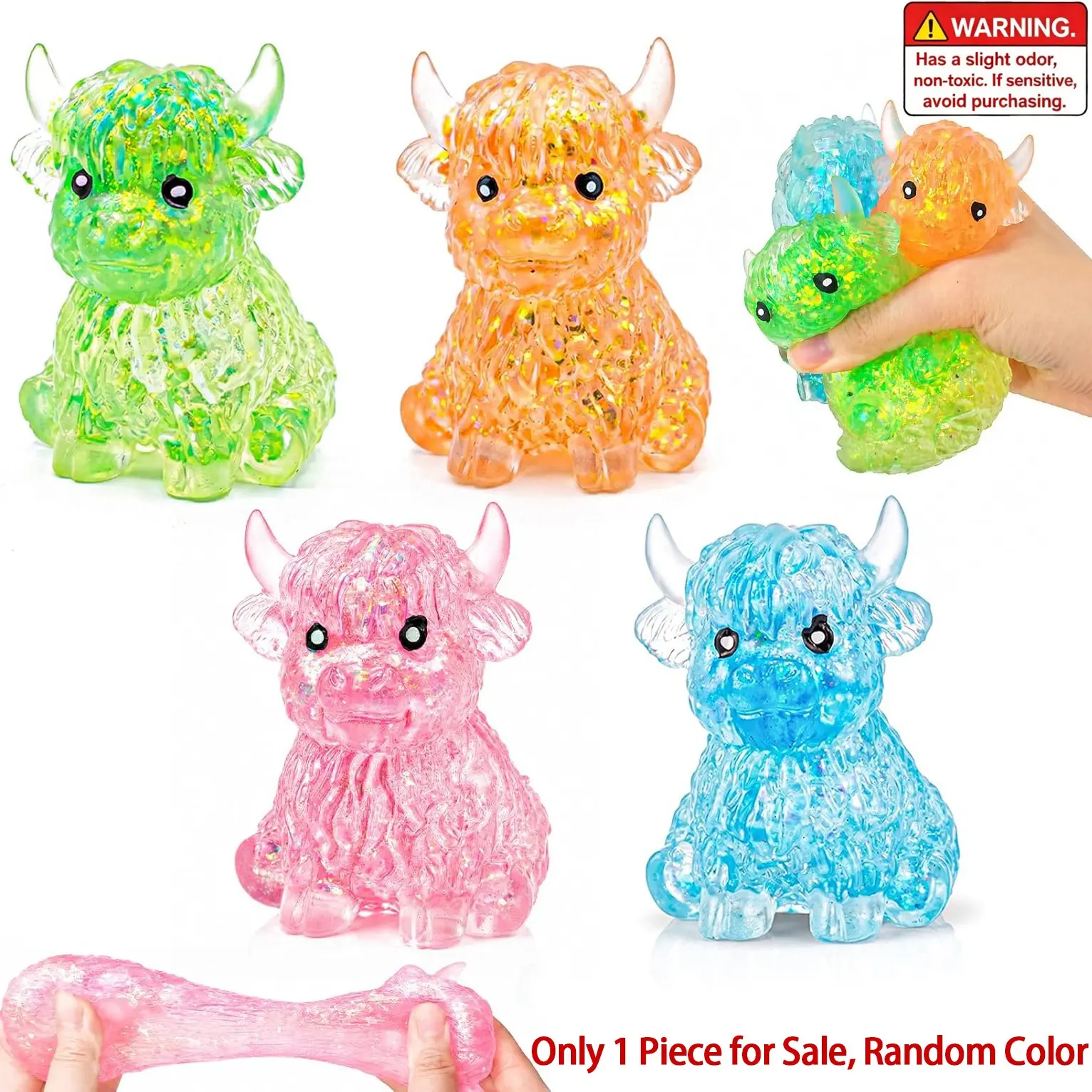 Highland Cow Sequin Squishy Toy, Cute Animal Shape Stress Relief Finger Toy, Sparkly Squishies, Adult and Child Friendly, Random Color, Party Gift and Daily Use
