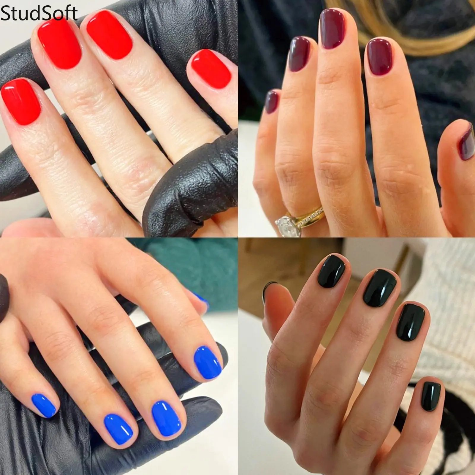 Glossy Short Round Press on Nails for Women, 24-Piece Full Cover Kit in Mixed Red, Black, Blue & Purple Solid Colors, Mixed Colors, Nail Pack, 24Pcs, Artificial False Fingernails, Female Nails