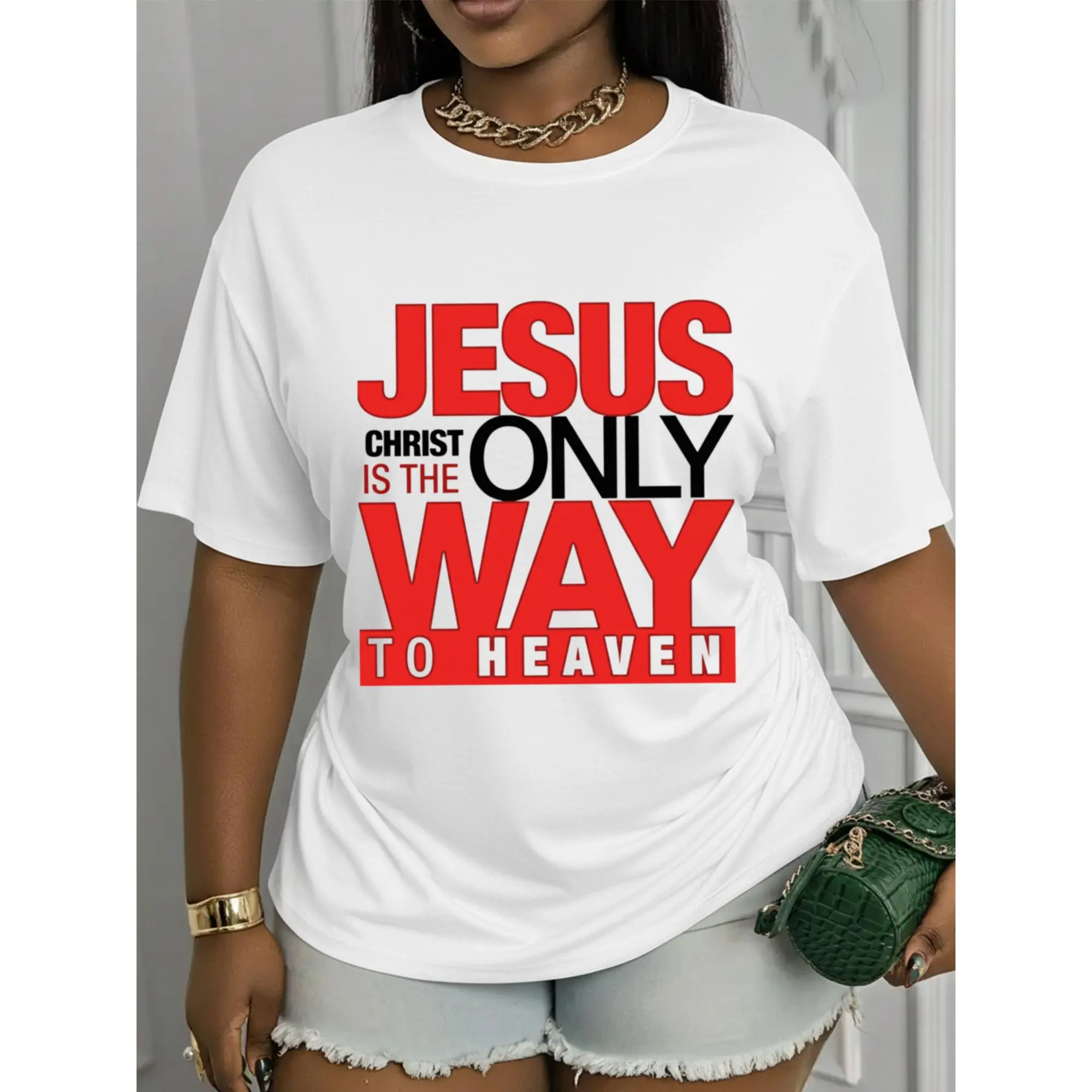 Crew Neck Short-Sleeve Printed T-Shirt, Featuring a Design That Reads: 'Christ Alone Is The Way to Heaven.' This Stylish Top Has a Casual Crew Neckline, Soft And Stretchy Fabric
