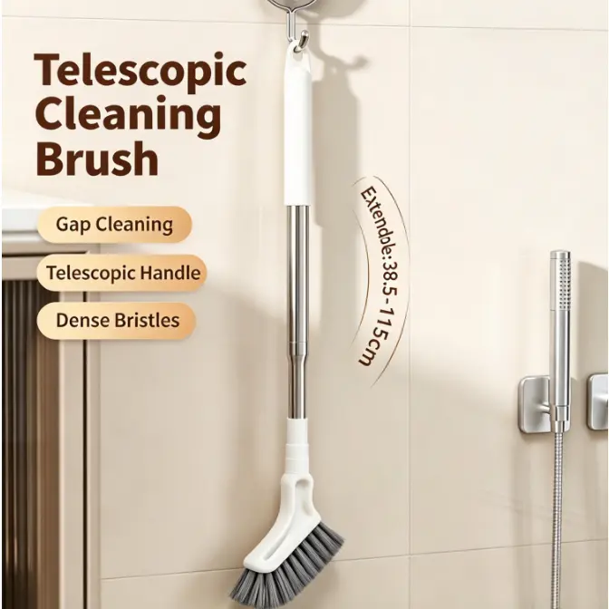 Extendable Crevice Cleaning Brush, 15.2–45.3 Inch Telescoping Handle with Narrow Scrub Head, Grout and Window Track Brush for Bathroom Tiles, Shower Corners, Floor Gaps and Household Cleaning