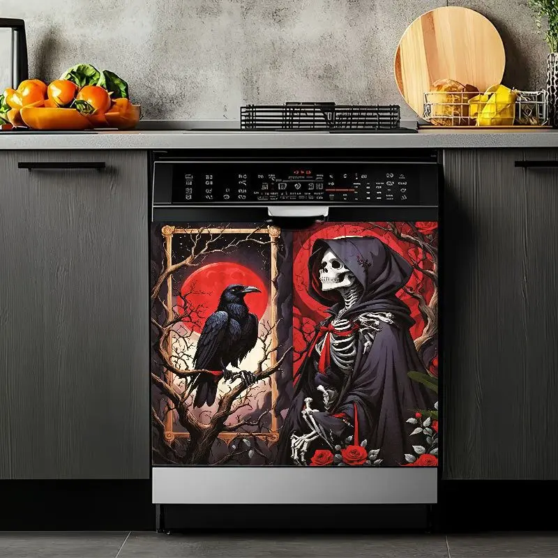2D Flat 2Pcs Gothic Halloween Dishwasher Cover Magnet Raven Crow Bird Grim Reaper Skeleton Design Kitchen Decor Red Moon Spooky Decorative Sticker Sheet Removable Vinyl Appliance Refrigerator Door Wrap Horror Theme Waterproof Washable