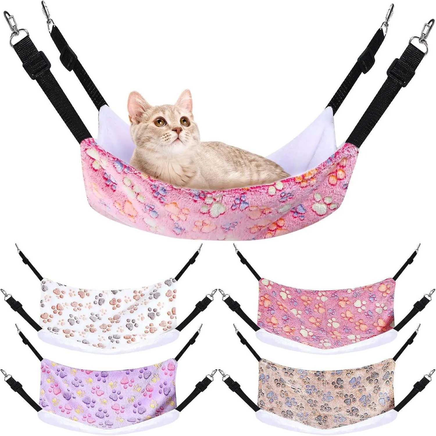 4 Pcs Cat Hammock for Cage Soft Hanging Pet Hammock Bed with Adjustable Straps and Metal Hooks Double Sided Bed for Large & Small Cats Ferret Rat Sugar Glider(Paw,20 x 24 Inch)