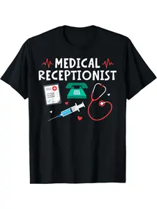 7.5oz Retro Medical Receptionist T-Shirt, 180g Medical Clothing, Nurse Workwear, Classic Fit, Geometric Print, Durable Fabric, Long Sleeve