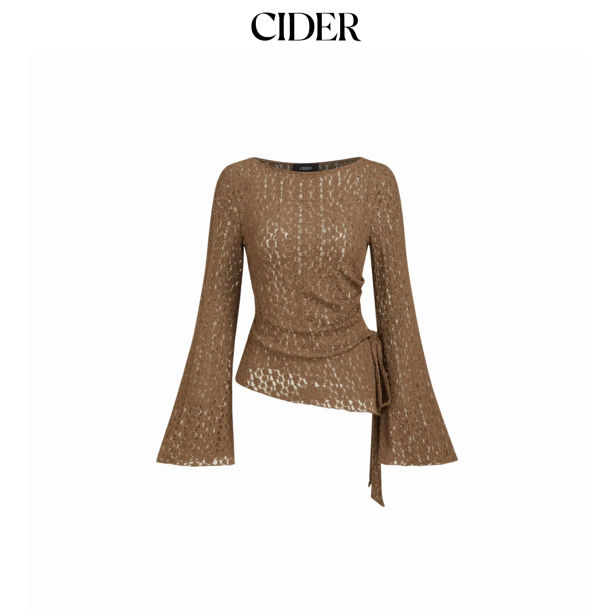 Cider Lace Boat Neck Floral Ruched Asymmetrical Hem Bell Sleeve Top SohoChic
