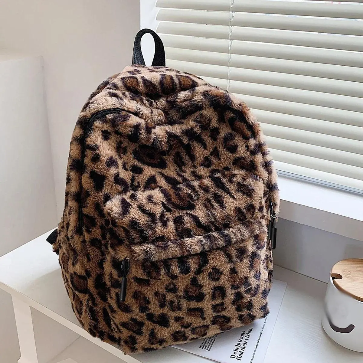 Women's Leopard Print Large Cap. Plush Skin Backpack - Zipper Closure, Multi-Pocket Daily Use Bag with Chic Animal Motif for Commute