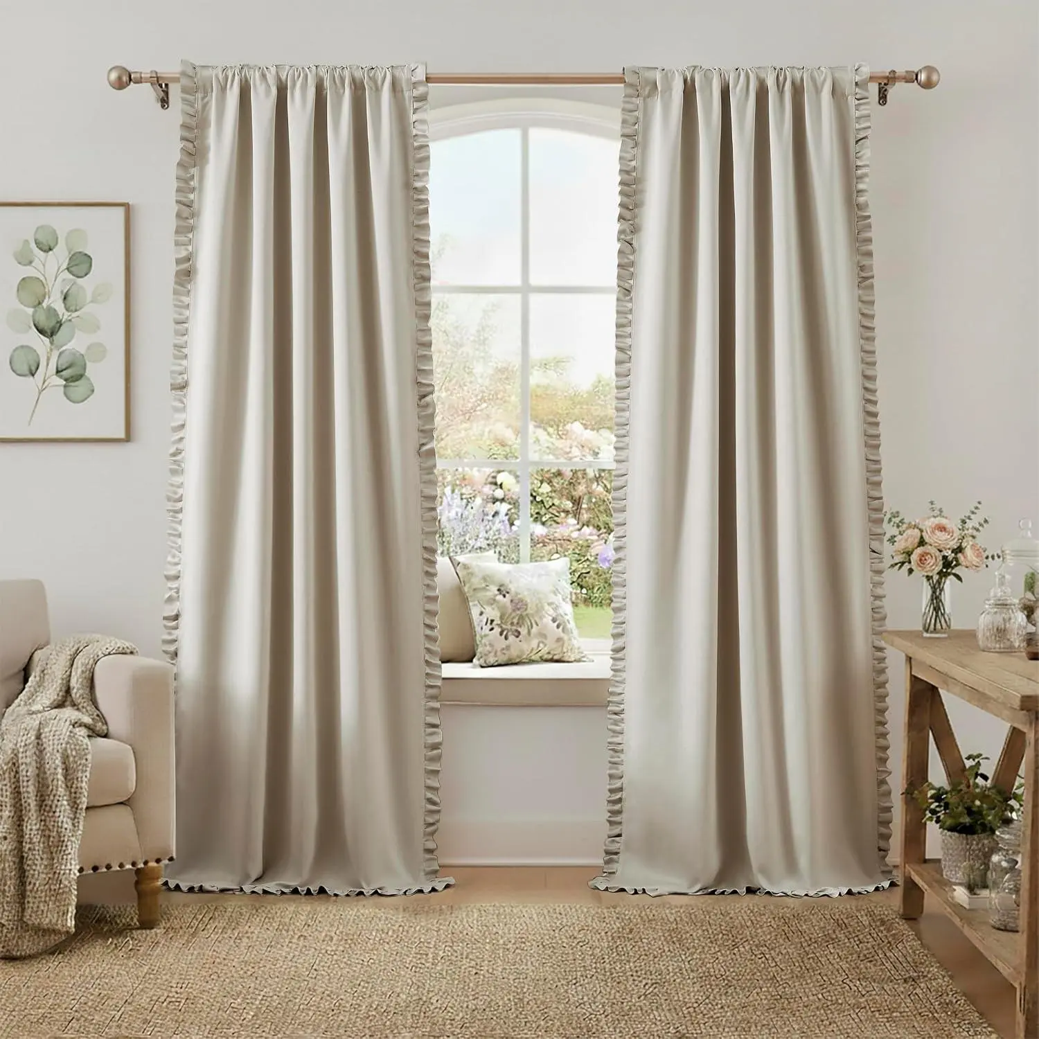 Set of 2 Beige Ruffled Edge Heavyweight Synthetic Curtains, 80% Blackout Thermal Insulated Soft Drapes with Rod Pocket, 40Wx63L Window Coverings for Bedroom, Living Room Modern Treatments