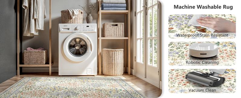 8x10 Area Rugs, Machine Washable Low Pile Floral Faux Cashmere Rugs for Living Room, Bedroom, Large Boho Area Faux Cashmere Rug with Non-Slip Backing for Dining Room(Beige Floral)