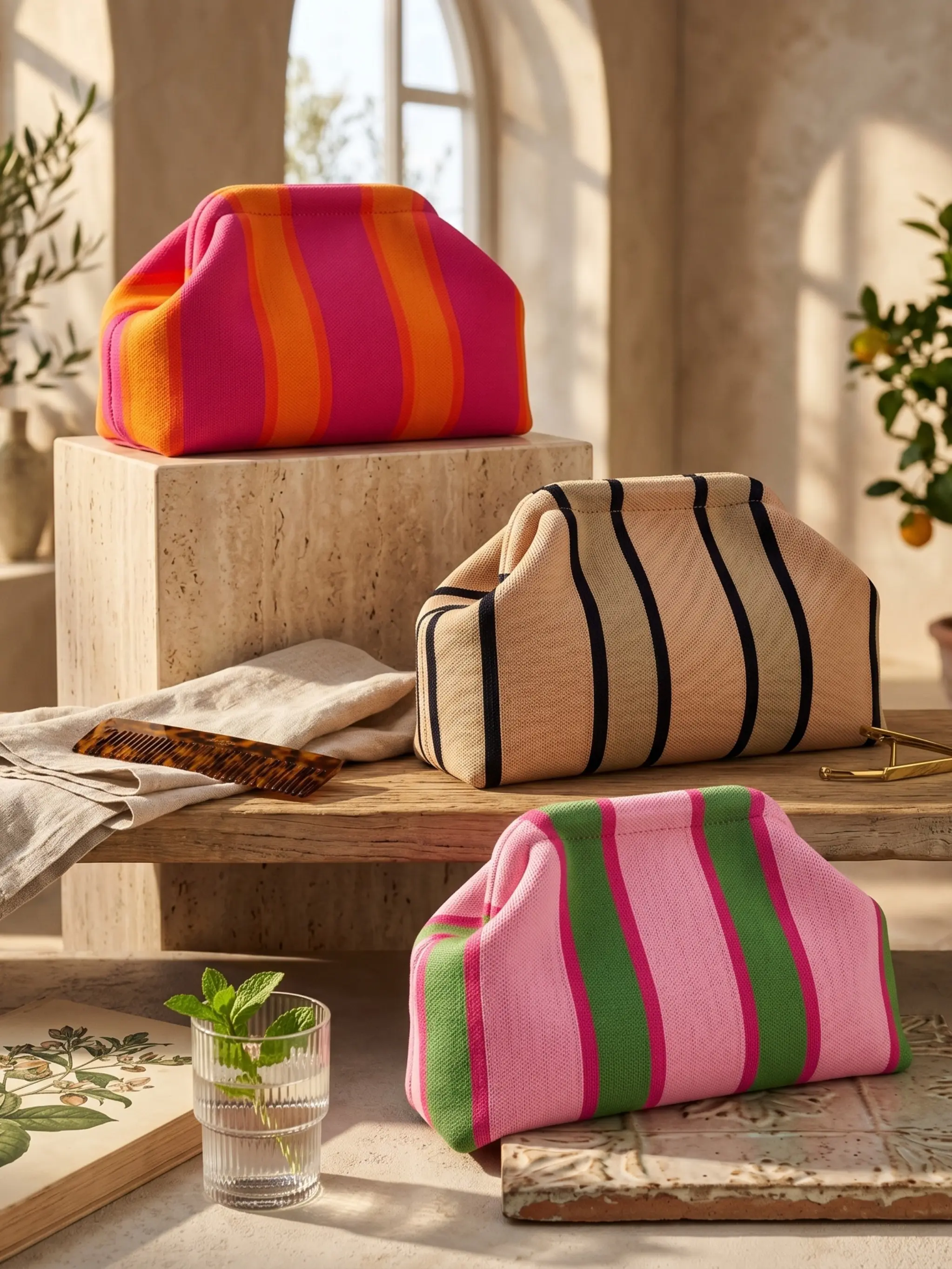 Knit Striped Handbag, Vintage Colorful Vertical Stripe Large Capacity Portable Bag, Women's Travel Makeup Bag, Cosmetics Bag, Perfect Gift for Friends