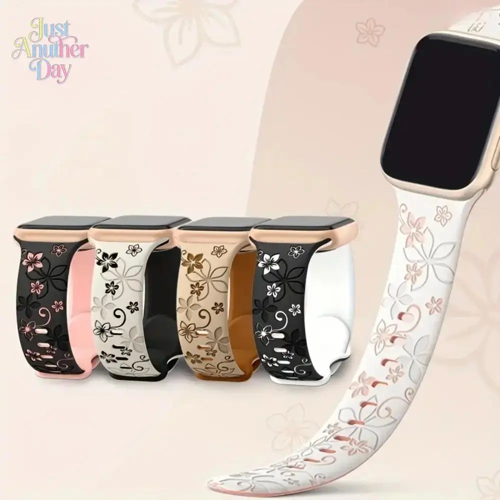 Floral Engraved Soft Silicone Apple Watch Strap, Cute Breathable Sport Replacement Band Compatible With 38 To 49 Mm, Fits Apple Watch Series And Ultra Models For Daily Casual Wear, Fitness Workouts And Fashion Outfit Matching