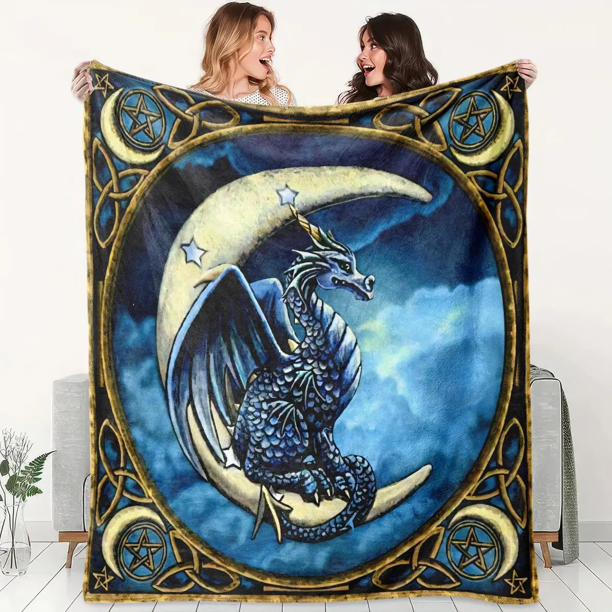 1pc Crescent Moon Ice Dragon Pentacle Celtic Knot Fleece Blanket, Dark Blue Sky Fantasy Dragon Lunar Mystic Magic Vintage Art Print, Soft Warm Nap Throw For Sofa, Bed, Office, Camping, Perfect Christmas Gift