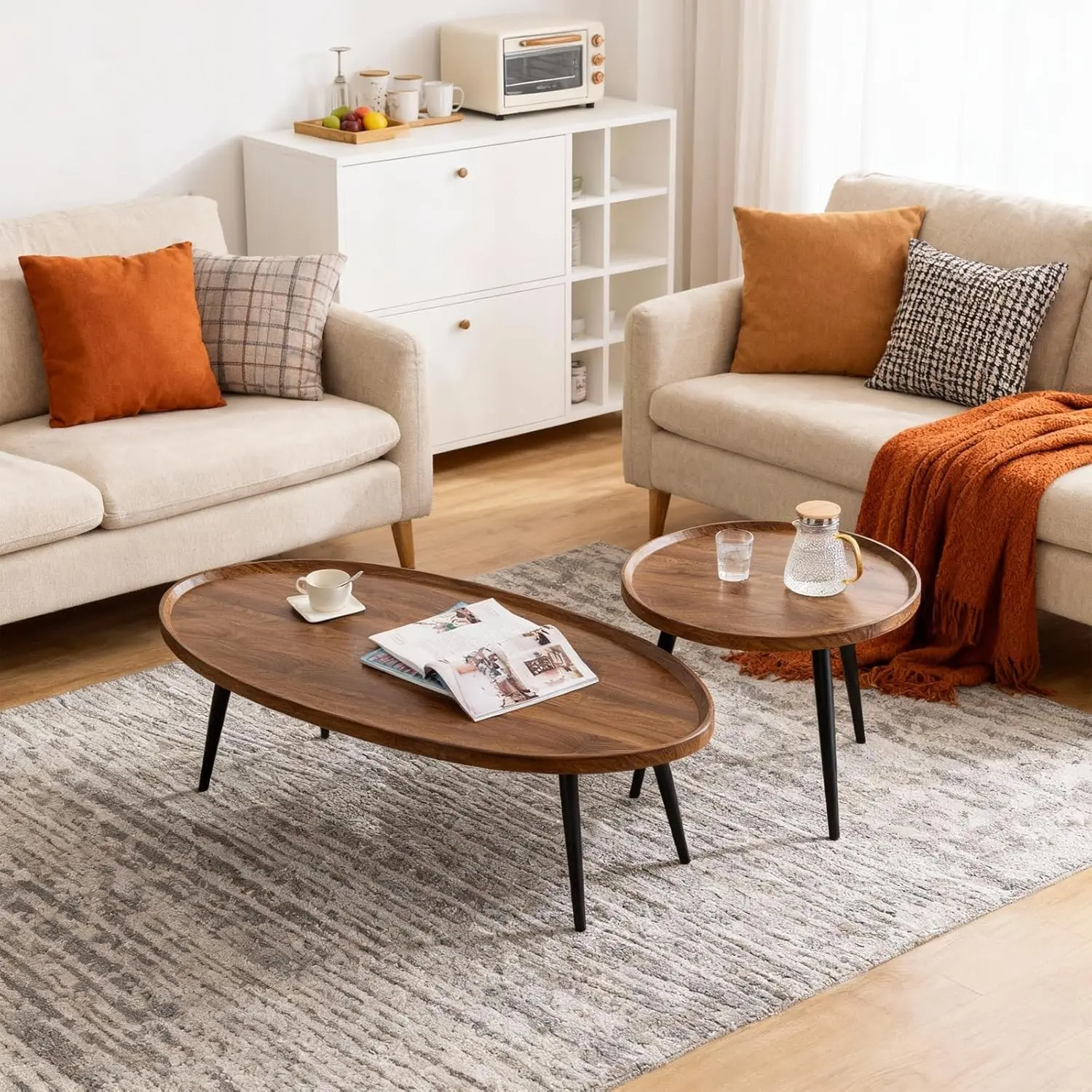 Nesting Coffee Table Set of 2, Walnut Coffee Tables for Living Room, Mid Century Modern Nesting Side Tables for Living Room, End Table for Small Spaces Sofa Bedside Balcony
