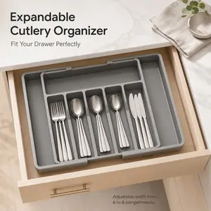 Expandable Silverware Drawer Organizer, Adjustable Cutlery Tray with 6 to 8 Compartments for Kitchen Utensils, Flatware, Spoon, Fork, Knife Storage