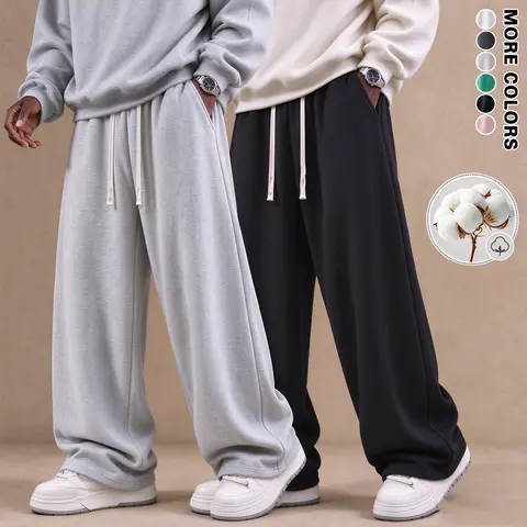 Men's Baggy Plain Cotton Sweatpants - High-Waist Drawstring Elastic Waistband, Deep Pockets, Drape Straight Floor-Length Menswear, American Streetwear Casual Trousers