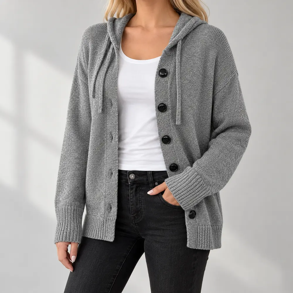Women's Trendy Knitting Hooded Cardigan - Button-Front Longsleeves Top with Drawstring Hood, Ribbed Cuffs, Relaxed Fit for Fall Casual Layering, Weekend & Everyday Wear