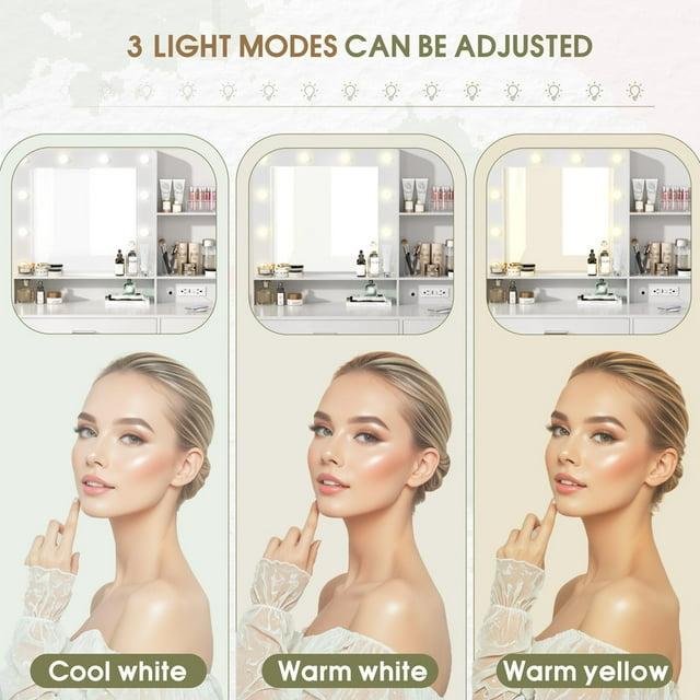 FURMAX Vanity Desk with Lights and Mirror Makeup Vanity Table Set with Cabinet and Power Outlet, White