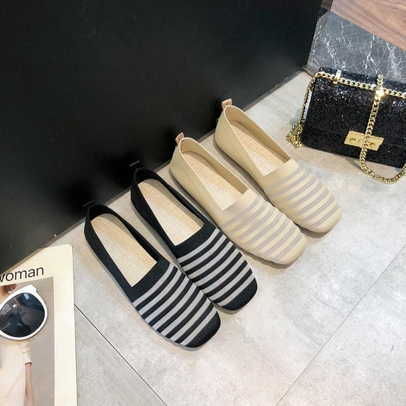 2026 Women's Breathable Knit Slip-On Flats |     Soft Sole Square Toe Boho Print Casual Walking Shoes