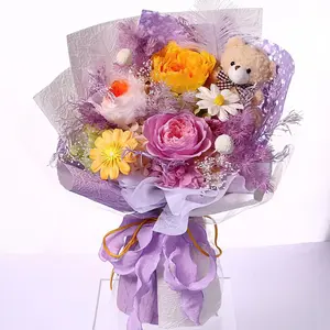 Preserved Forever Rose Bouquet with Cute Teddy Bear, No-Wilt Decorative Floral Gift for Birthday (Home Decor, Artificial Flower Present) Shiny Pink Glitter