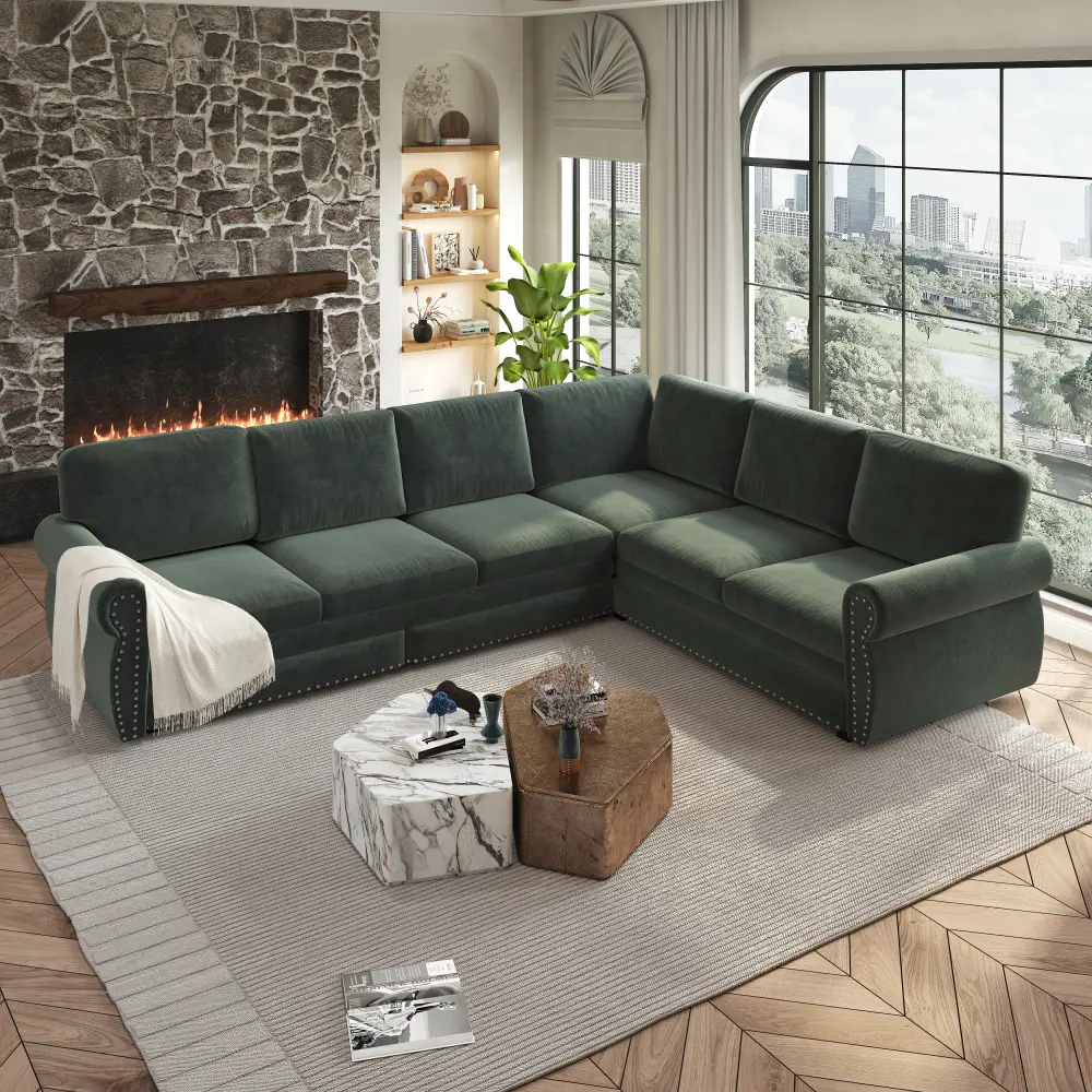 118 in Sectional Couch (6-Seat L-Shaped Sleeper Sofa with Pull-Out Bed) - Chenille Oversized Couches for Living Room, Nailhead Trim, Rolled Arms, 7 Removable Cushions, Multiple Colors