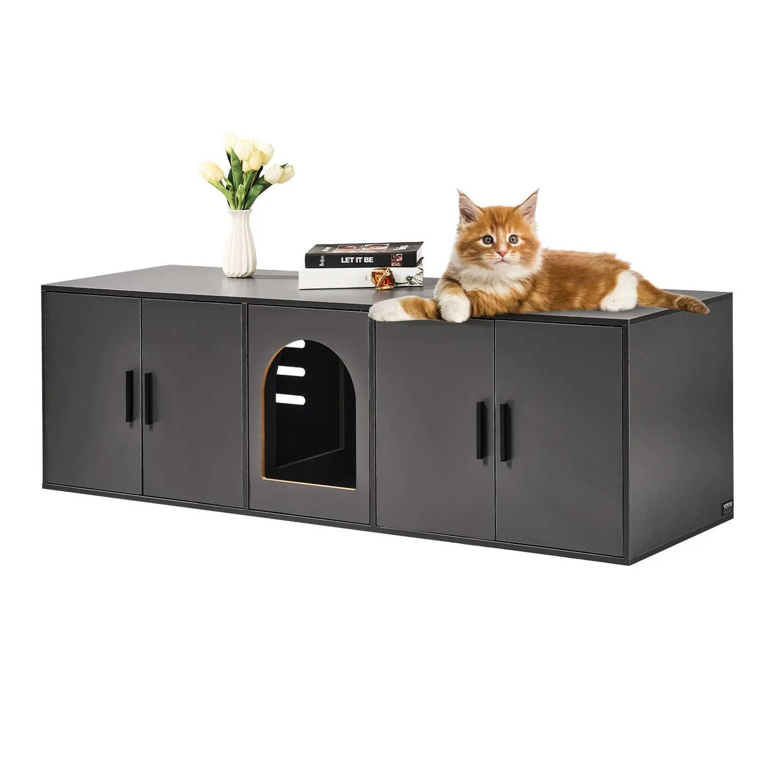 【Summerfinds】VEVOR Cat Litter Box Enclosure for 2 Cats, Litter Box Furniture Hidden with Double Rooms, Wooden Cat Box Cabinet Fit Most of Litter Box, 57.9"L x 18.3"W  x 17.9"H, Black