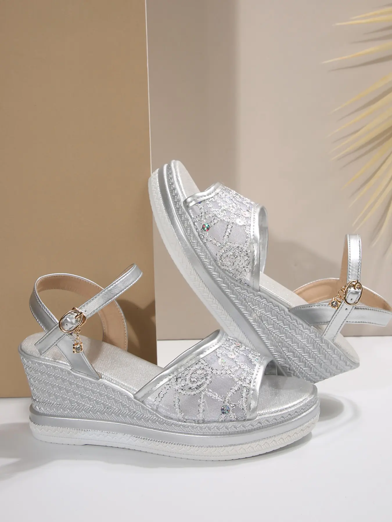 Women Mesh Sequin Wedge Sandals, Open Toe Ankle Strap Buckle Espadrille Platform Wedges, Bohemian Summer Dress Sandals, Wedged Platform Sandals, 2 Colors Black Silver