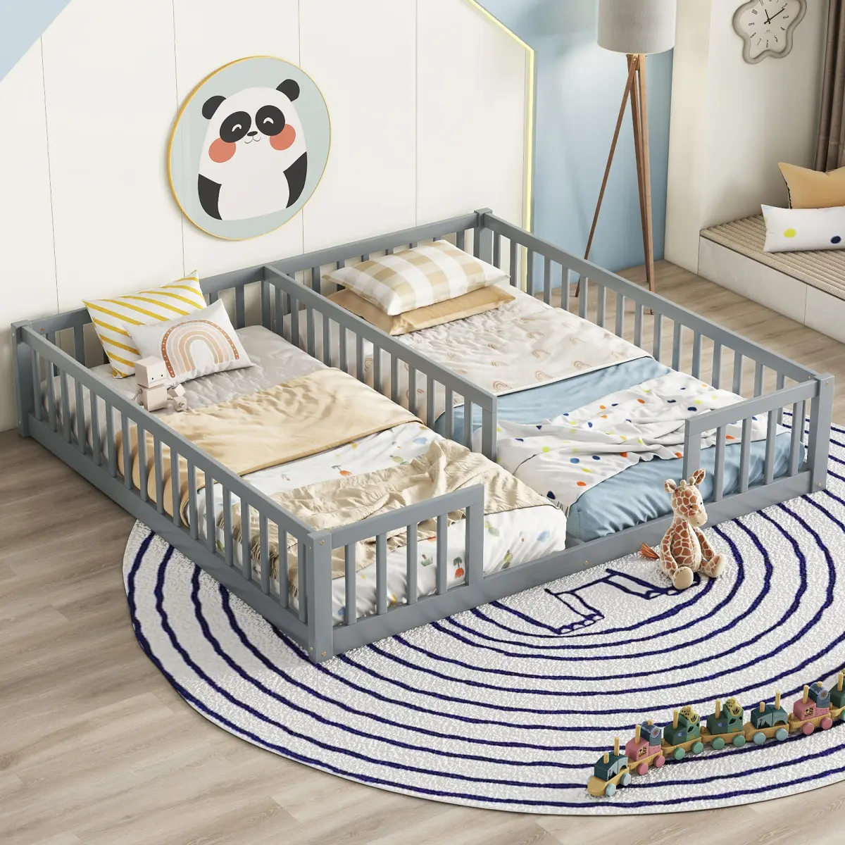 Aobtkel Double Twin Toddler Floor Bed with Fence, Guardrails, No Door, Grey, Toddler Bed