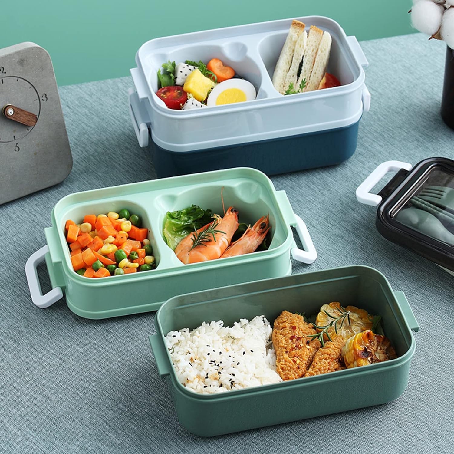 Portable Personal Lunch Box with Cutlery, Large Capacity Double Layer Insulated Lunch Box, Insulated Lunchbox Cooler, Household Kitchen Supplies for School, Office, Picnic, Traveling, Teenagers and Workers, Meal Prep Containers