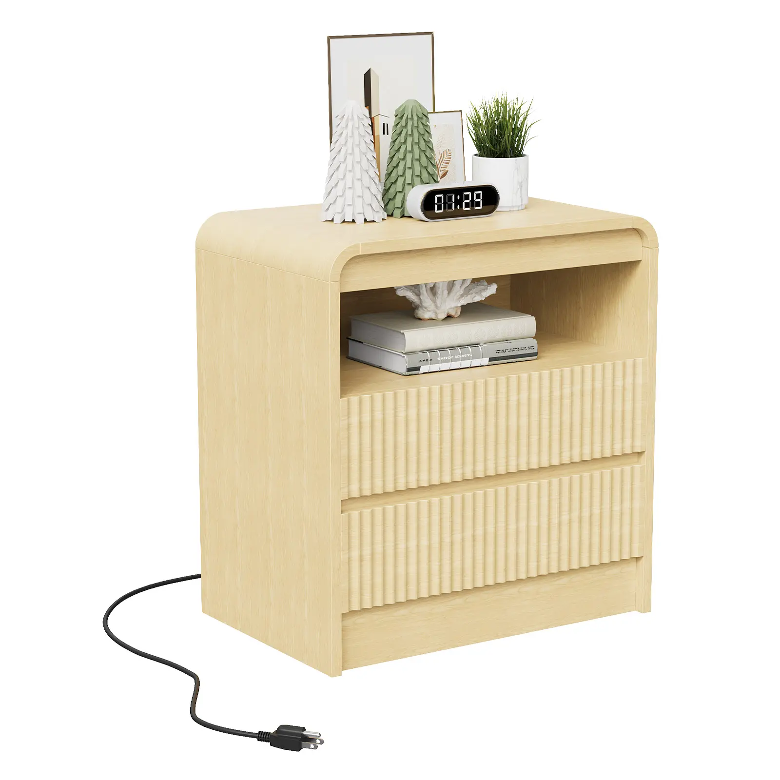 Fluted Bedside Table with Charging Station – 2 Drawers & Open Shelf – Curved Waterfall Design – Wood Nightstand for Bedroom