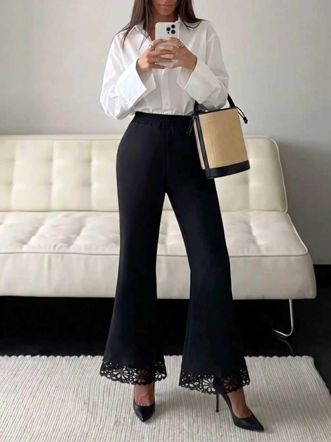 Elastic Waist Micro Flare Pants for Women, Lace Trimmed Hollow Out Ankle, Flowy Slim Fit Nine-Inch Bell Bottoms