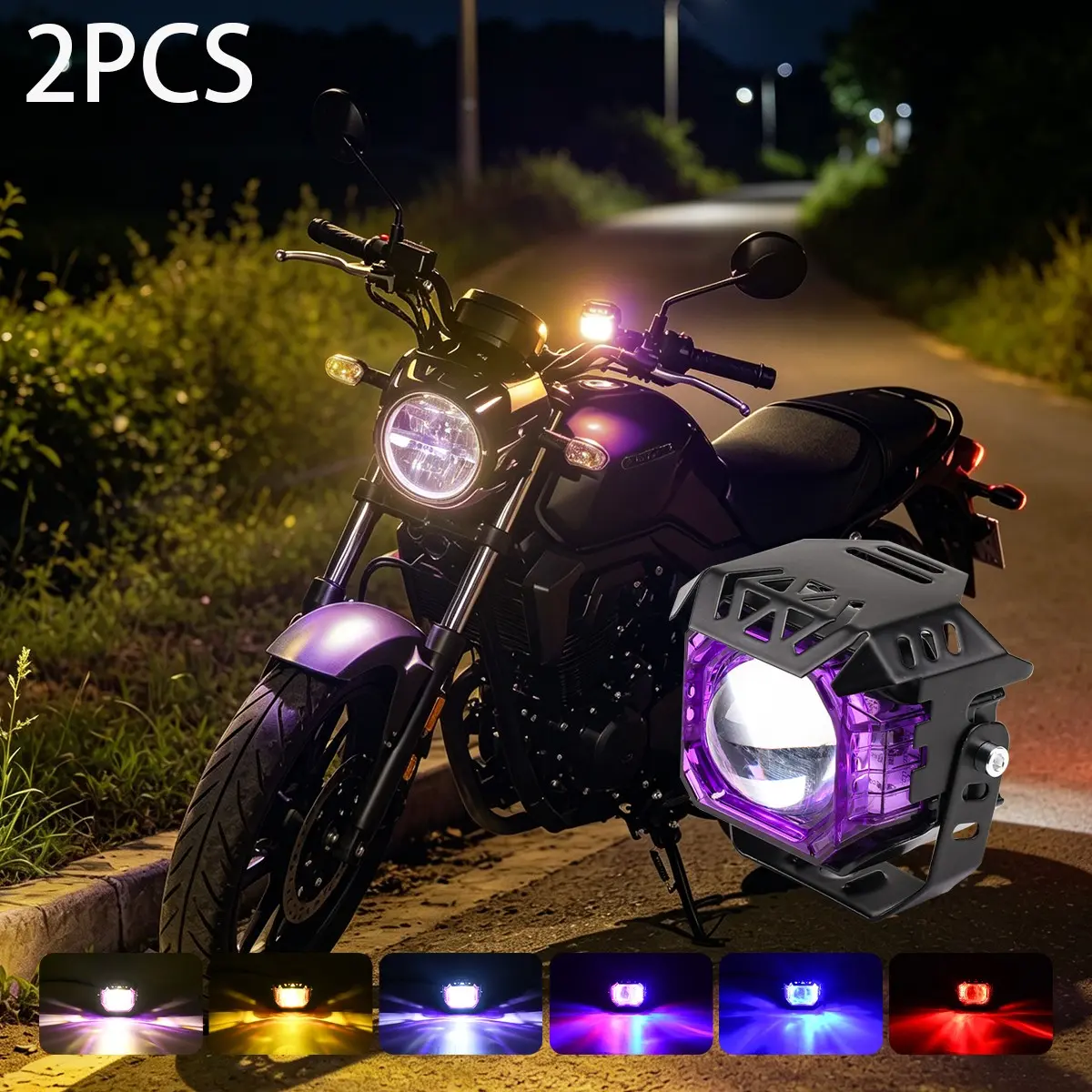 Purple Shell Motorcycle LED Auxiliary Light High Lumen Dual Color Spot Light, Multifunction Flashing Strobe Work Light Easy Wiring for E-Bike Quad Bike Motorcycle LED Lights