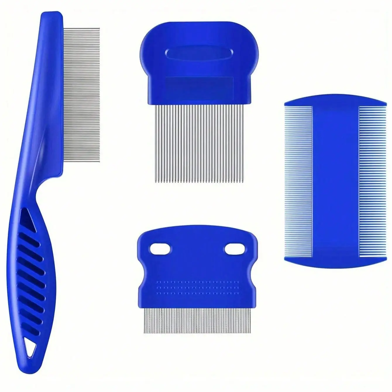 4 Piece Cat Dog Lice Flea Removal Comb Set, Stainless Steel Pet Grooming Brush, Rounded Teeth, Dual-Sided Design, Suitable for All Sizes