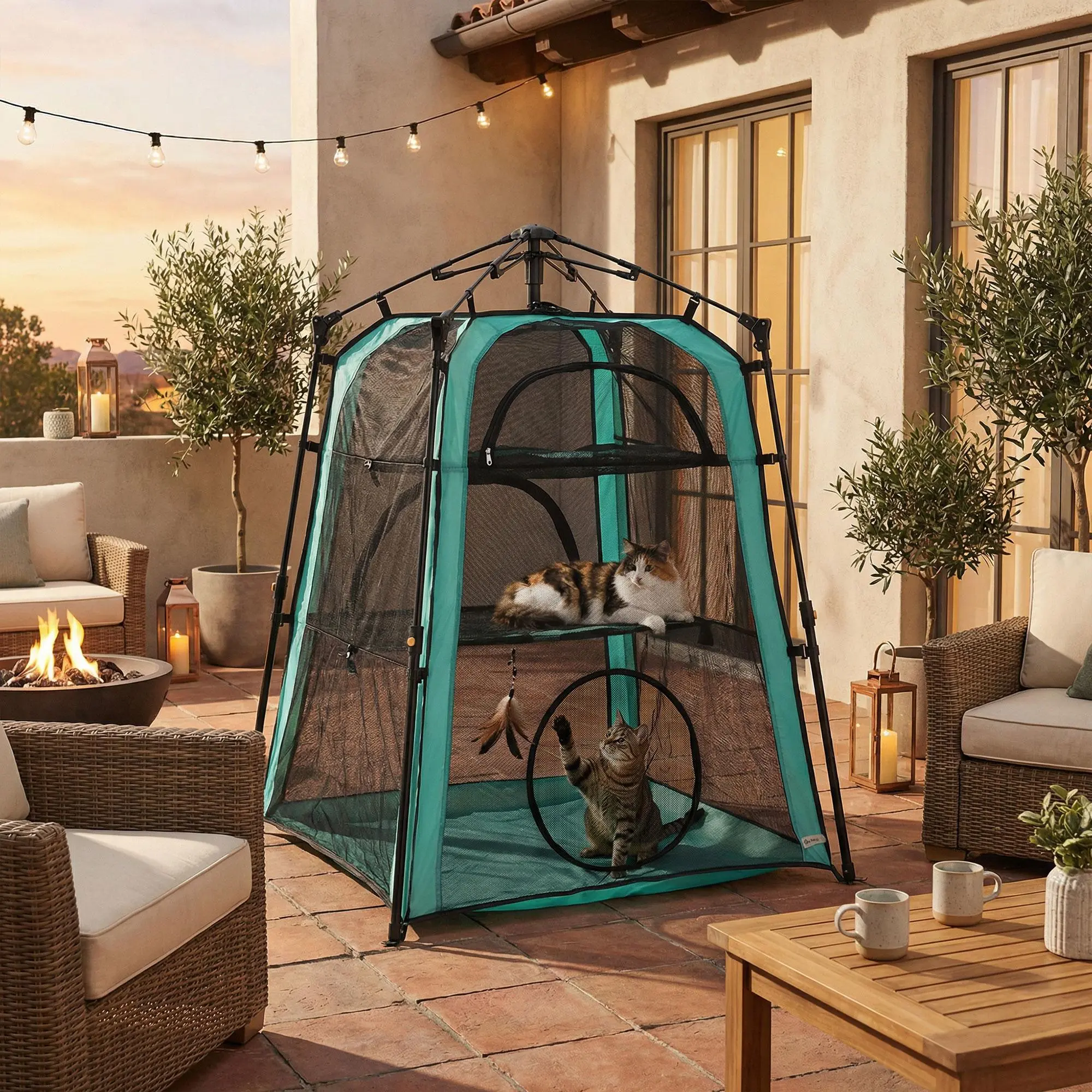 PawHut Outdoor Catio Cat Enclosure, 3-Tier Pop-Up Cat Tent with Multi-Door Design, Breathable Mesh Panels and Portable Carry Bag, Foldable Indoor and Outdoor Cat Playpen for Kittens and Small Pets, Spacious Pet Exercise Habitat for Backyard, Patio, Campin
