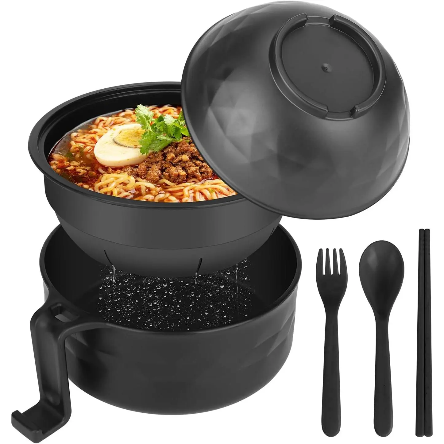 33 oz Lightweight Pet Ramen Bowl Set with Cover, Side Handles Stay Cool, Cutlery (Chopsticks, Spoon), Phone Holder, Microwave Ramen Cooker, Office Essentials (Black)