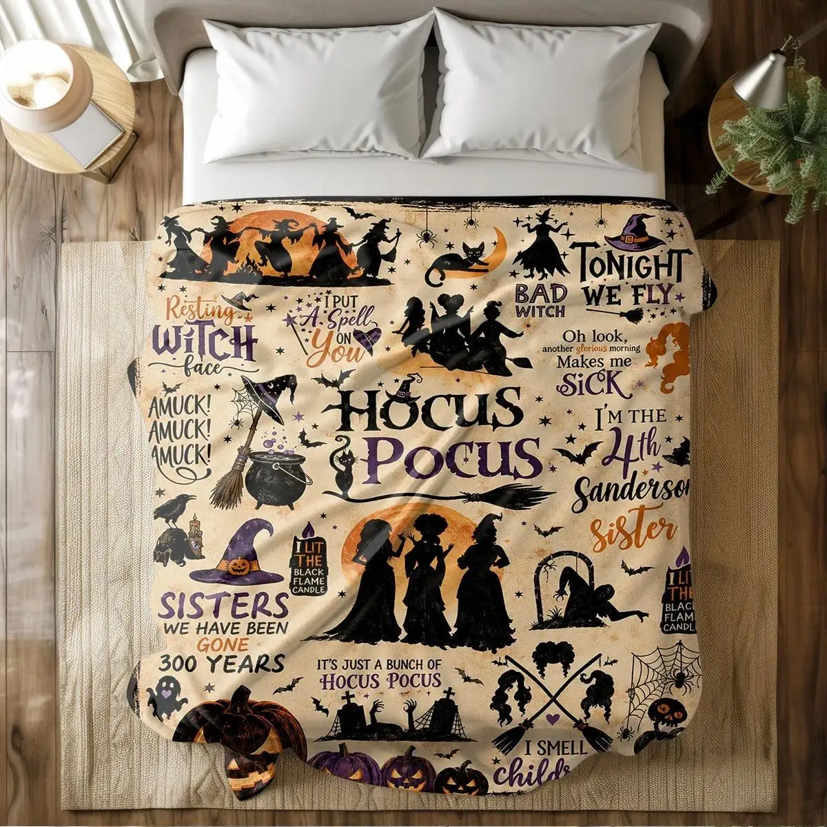 Comfortable Hocus Pocus Sanderson Witch Sisters Halloween Pumpkin Print Flannel Blanket, Soft Warm Anti-Pilling, Throw Blankets for Quince Bedding, Ideal Gift, Cozy Warm Blankets, Blanket Gifts