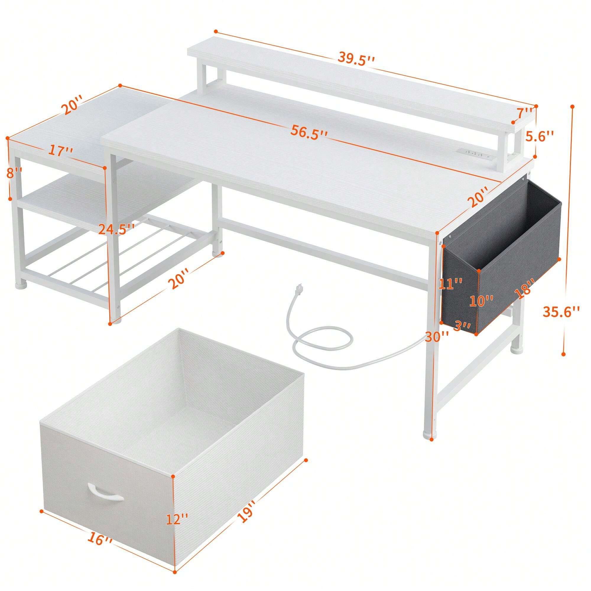 56.5" Computer Desk With File Drawers Cabinet, Study Writing Gaming Desk With Power Outlets, Home Office Desk With Shelves Monitor Stand, Work Table With Printer Space