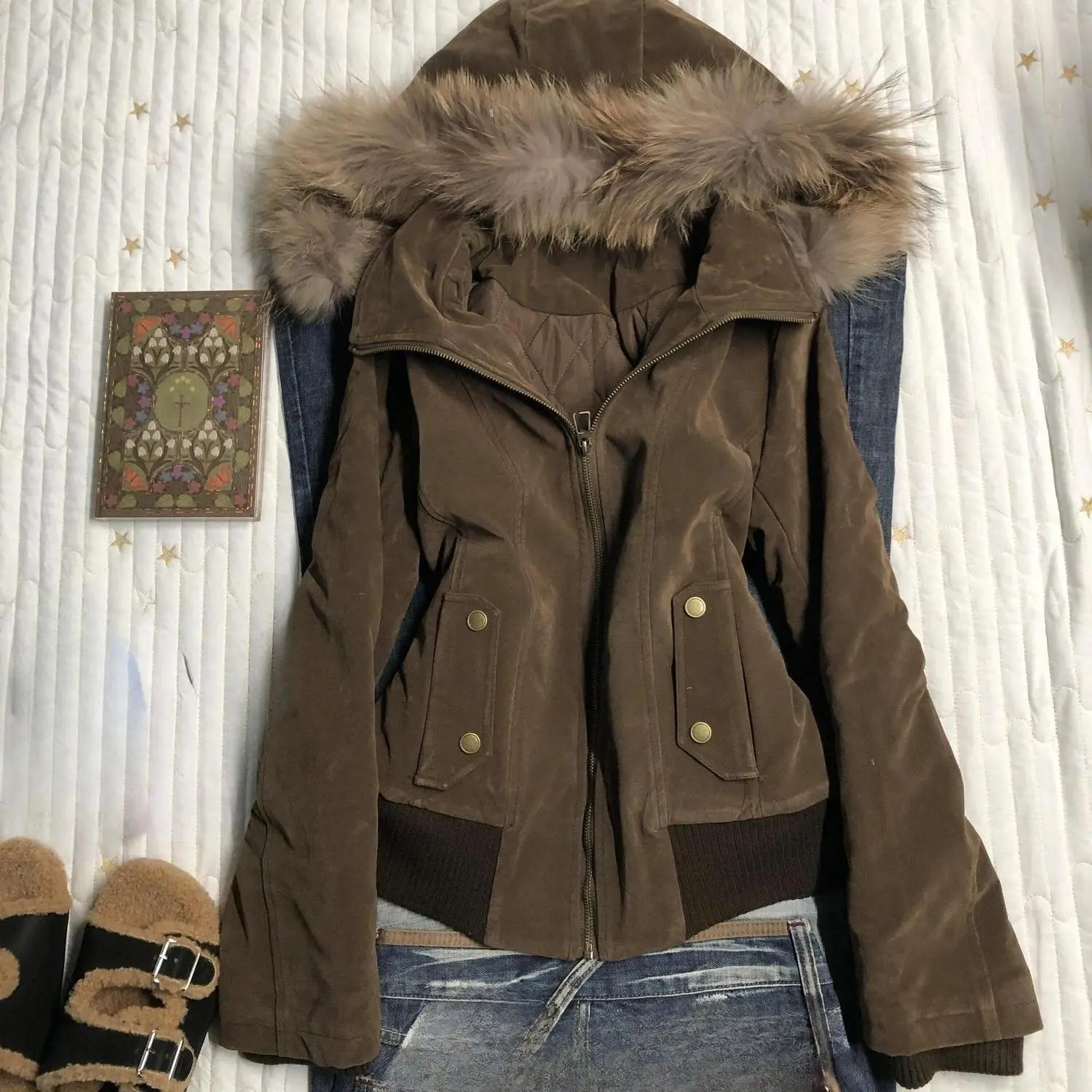 Y2k American Vintage Long Sleeve Hooded Jacket Women Casual Solid Color Faux Fur Collar Coat Retro Zipper 2026