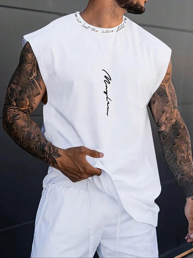 Men's Letter Print Round Neck Tank Top, Regular Fit Casual Sleeveless Crew Neck Top for Summer, Fashion Men's Clothes for Daily Wear, Casual Style Tee