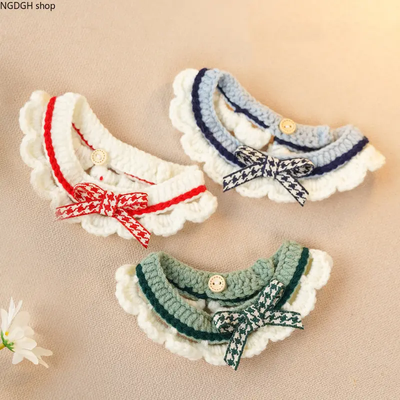 Cat Collar - Adjustable Crochet Pet Bib Collar Ruffle Bow Button Knit Puppy Kitten Cat Dog Cute Kawaii Daily Wear Neck Warmer Pet Accessory