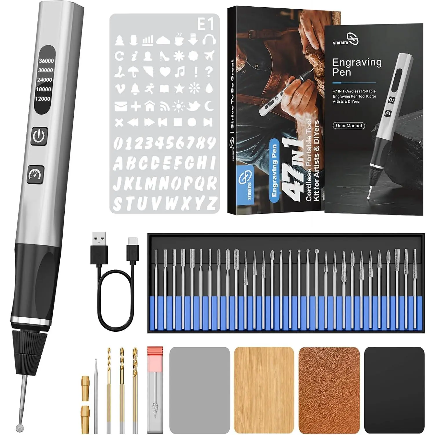 STREBITO Electric Engraving Pen for Metal Wood Glass Plastic, 47-in-1 Complete Engraving Set | 5 Adjustable Speeds Up to 36000 RPM, USB-C Rechargeable, Diamond Engraving Bit, Portable Beginner Engraver Kit for DIY Artists & Crafters