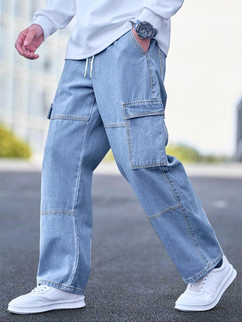 Men's Solid Flap Pocket Cargo Jeans, Loose Casual Street Fashion Denim Pants for Daily Wear, Men's Trousers for All Seasons