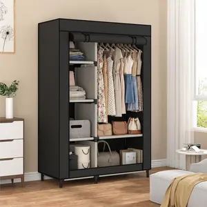 Portable Closet Organizers, Clothing Storage, Wardrobe with 6 Shelves and Hanging Rod, Non-Woven Fabric Cover with 4 Side Pockets, Black