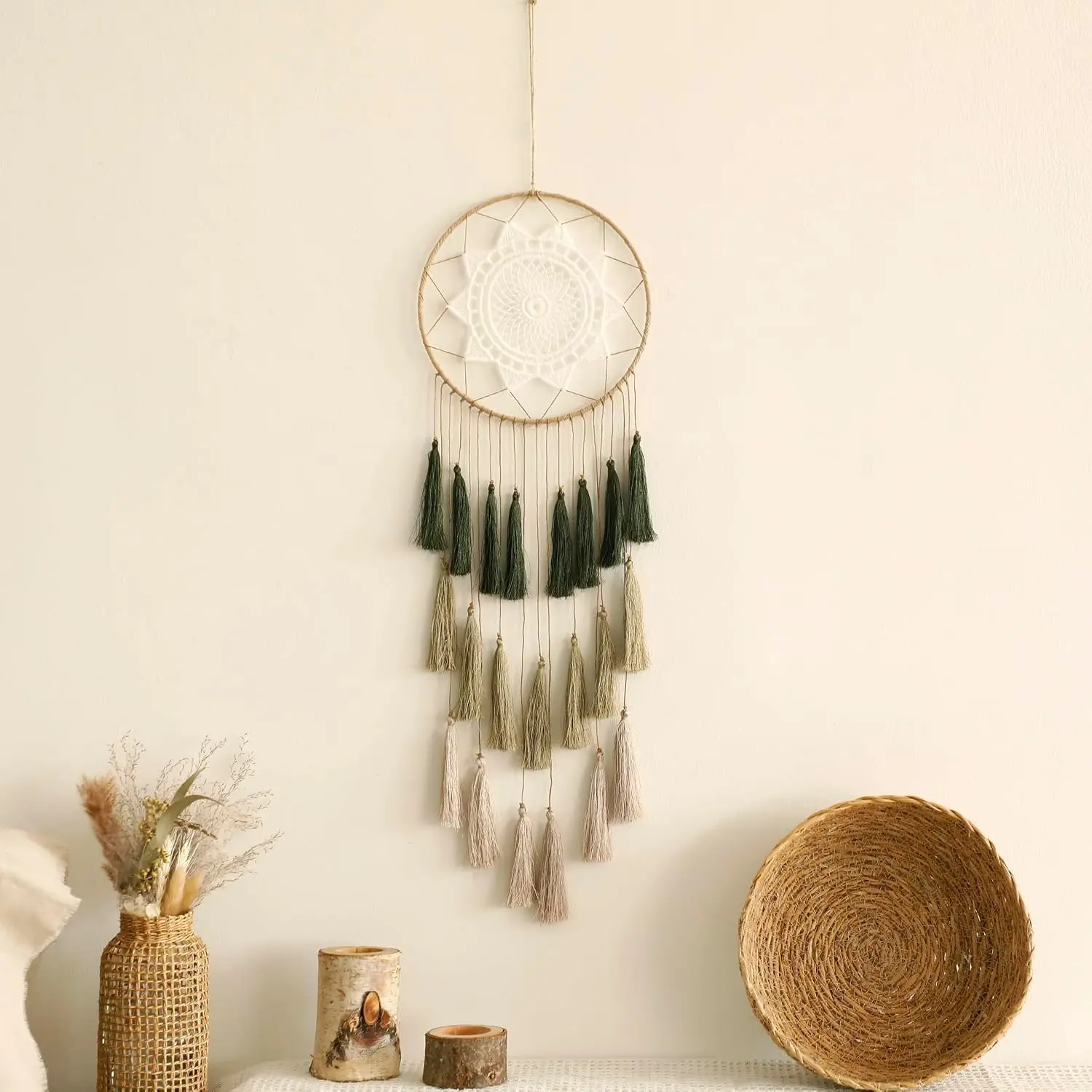 Dream Catcher Macrame Wall Hanging, Boho Large Green Bedroom Decor