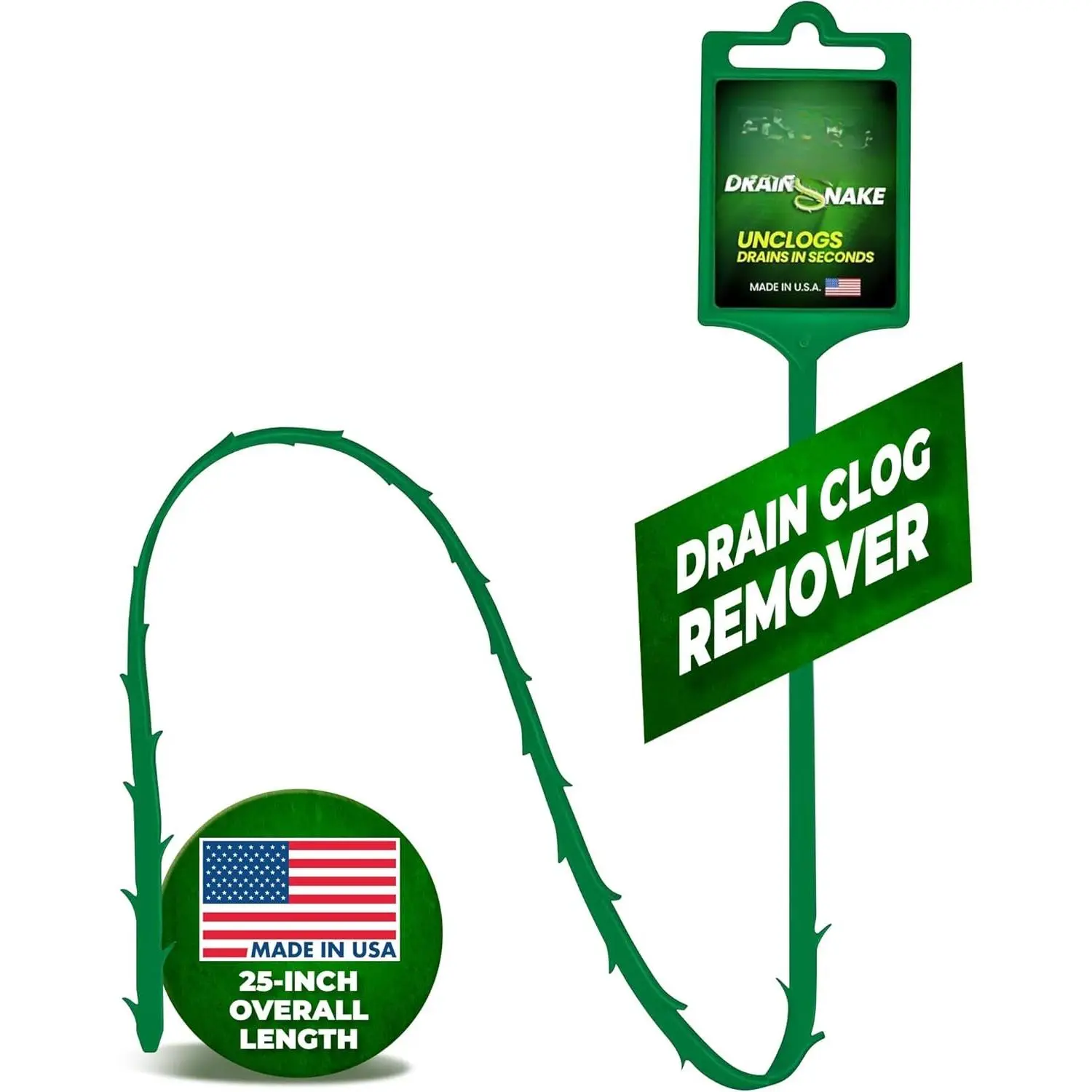 Hair Clog Remover, 25-inch Unclogger Tool for Shower, Tub & Sink In Seconds -  Snake Drain Hair , Flexible Snake  - Green (1-Pack)